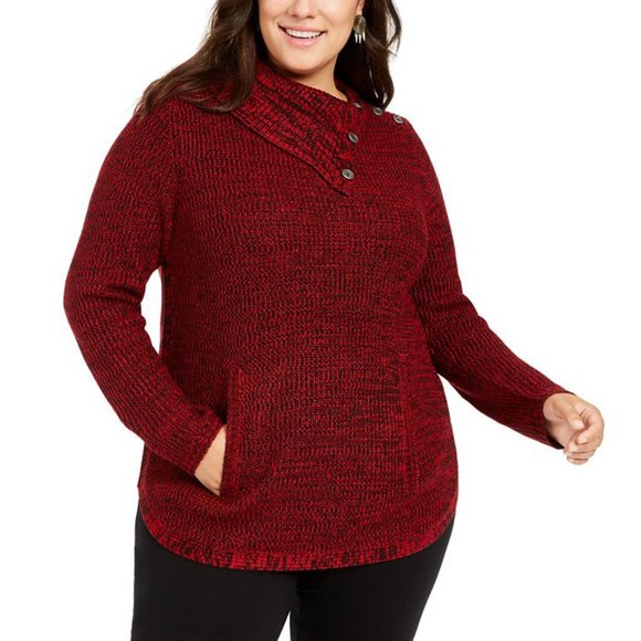 Style&Co Women Plus Buttoned Envelope Collar Long Sleeve Pullover Sweater Red - Picture 1 of 8